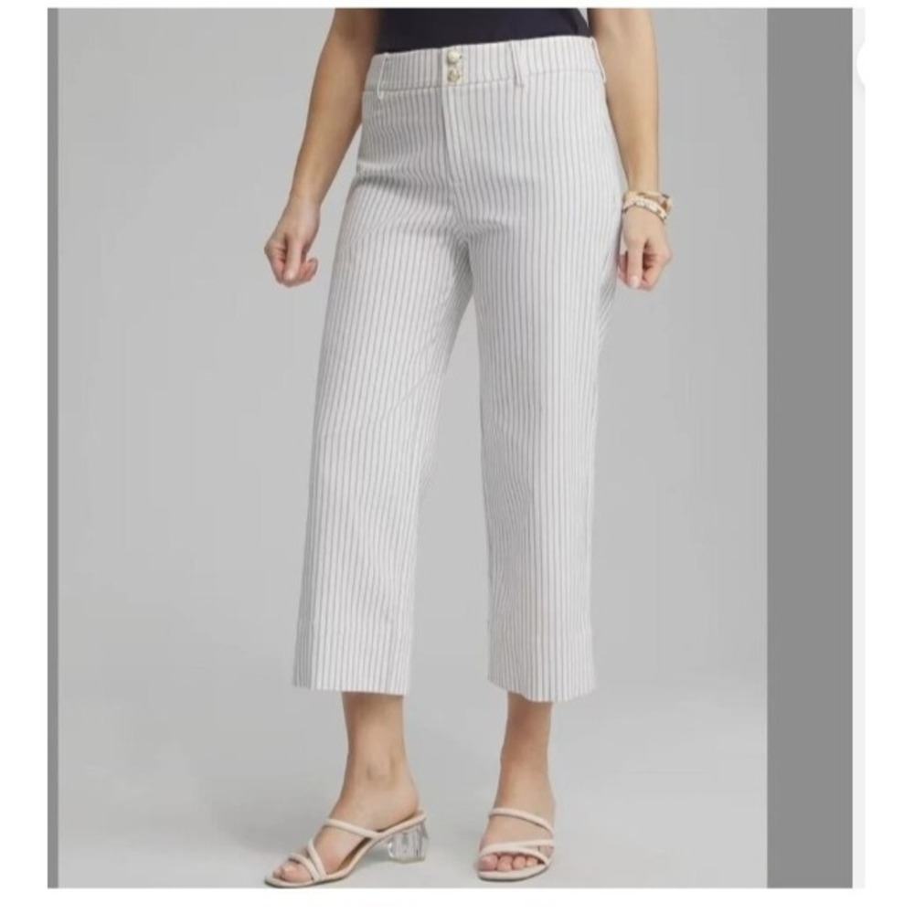 Chico's Trapunto Cropped Wide Leg Pants White/Blue Stripes Size 2.5 (14) NWT